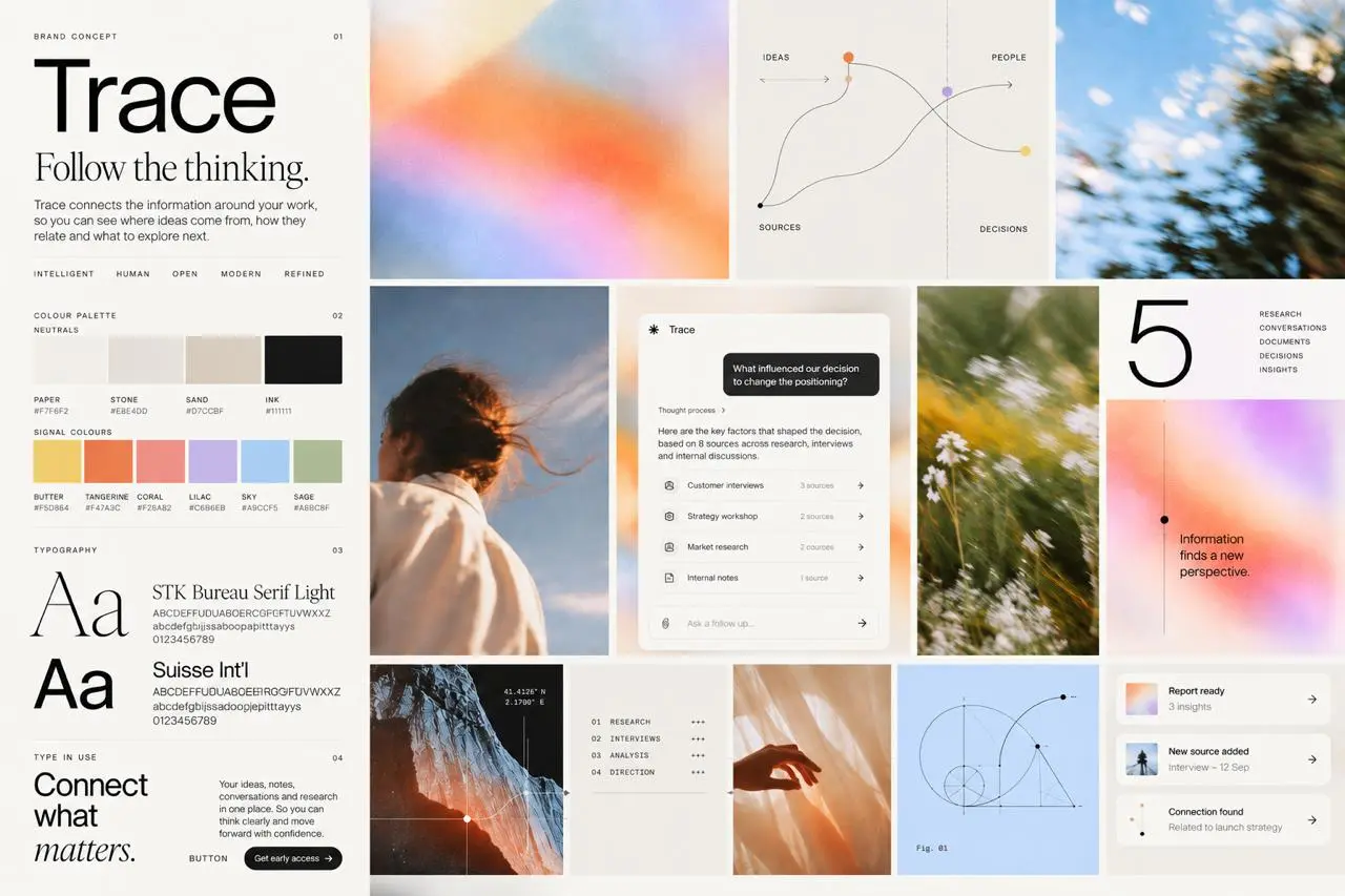 The client's Trace moodboard: Trace wordmark, colour palette, typography, blurred nature photography, a chat-style product panel, diagrams and notification cards.